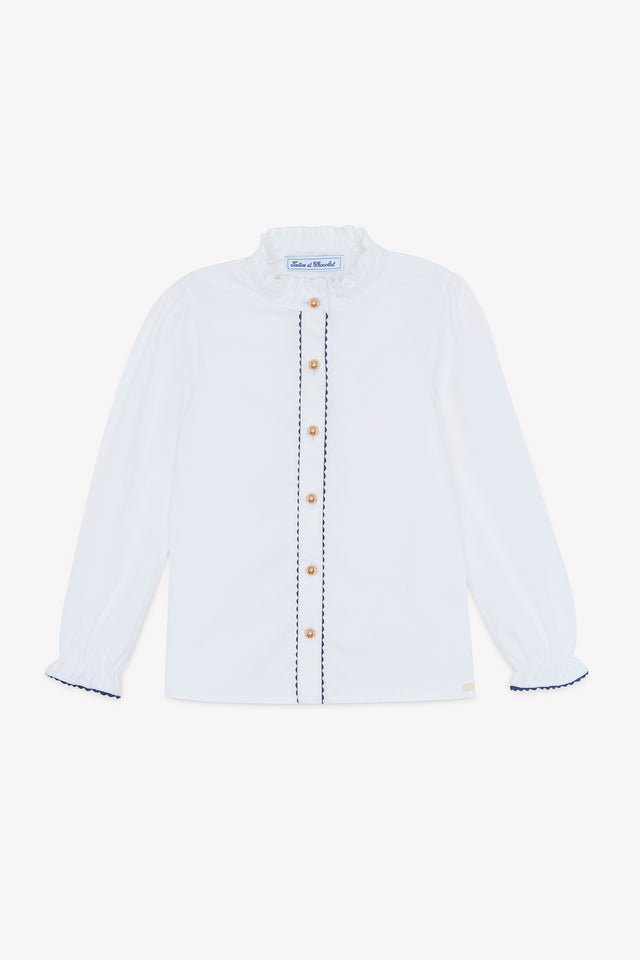 Blouse - Blanc coton col cheminé montant - Image principale