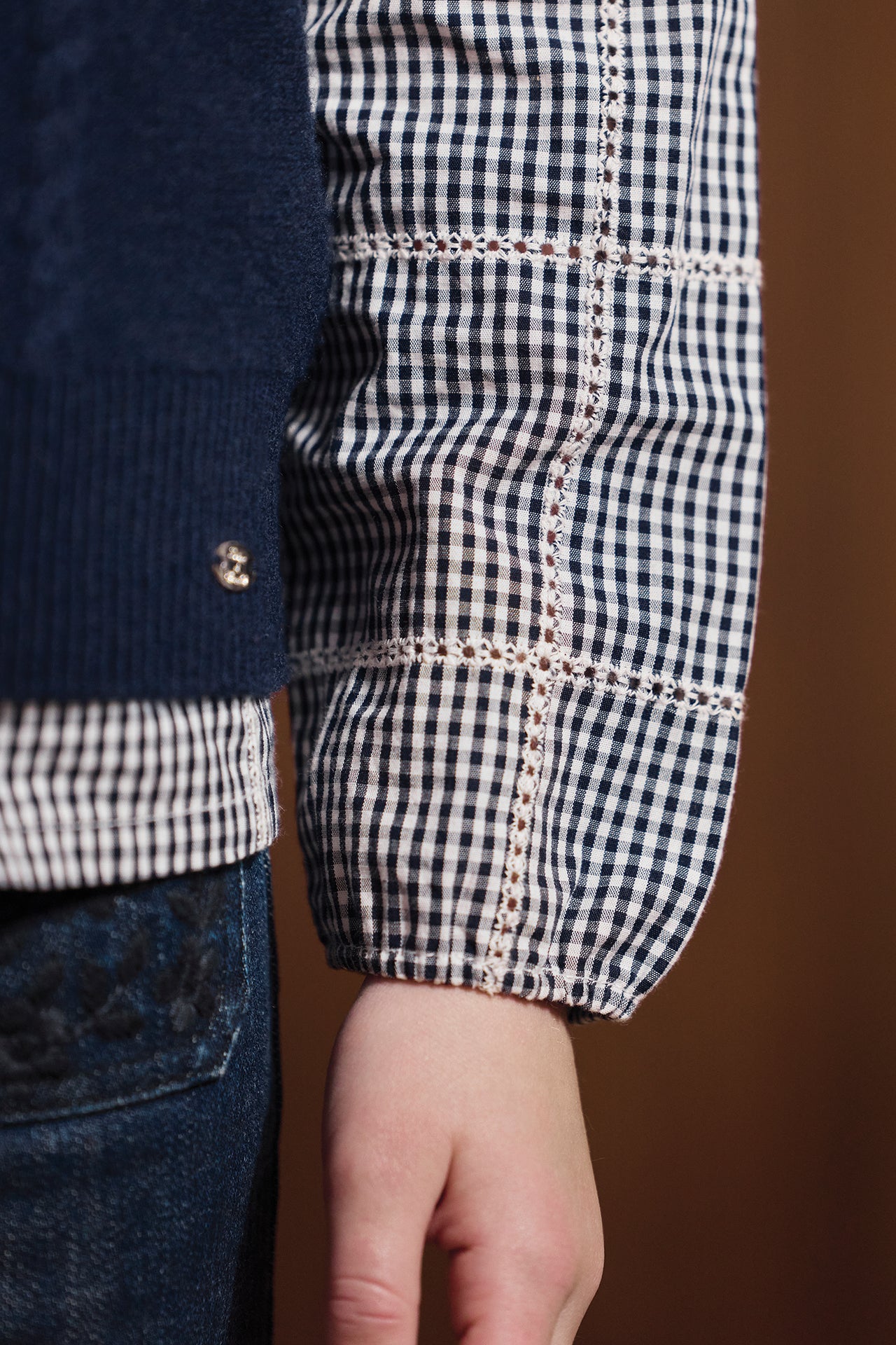 Blouse - Ecru coton col claudine carreaux