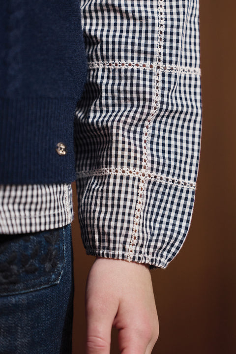 Blouse - Ecru coton col claudine carreaux - Image principale