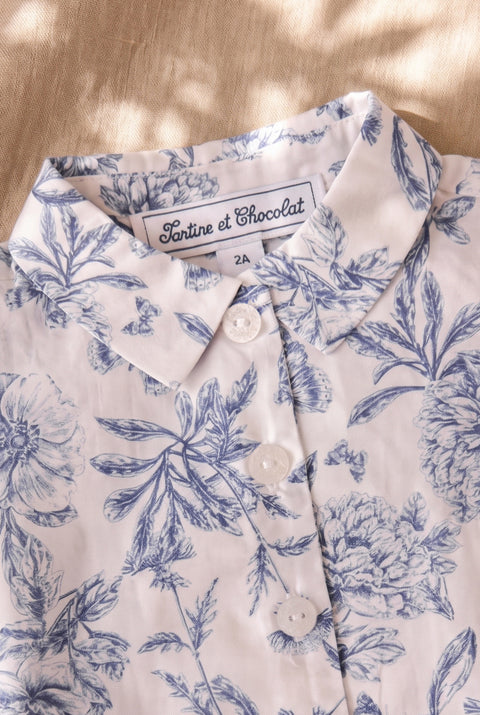 Ensemble long - Bleu coton imprimé inspiration toile de jouy - Image principale
