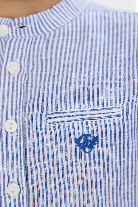 Chemise - Bleu lin rayures col mao - Image principale