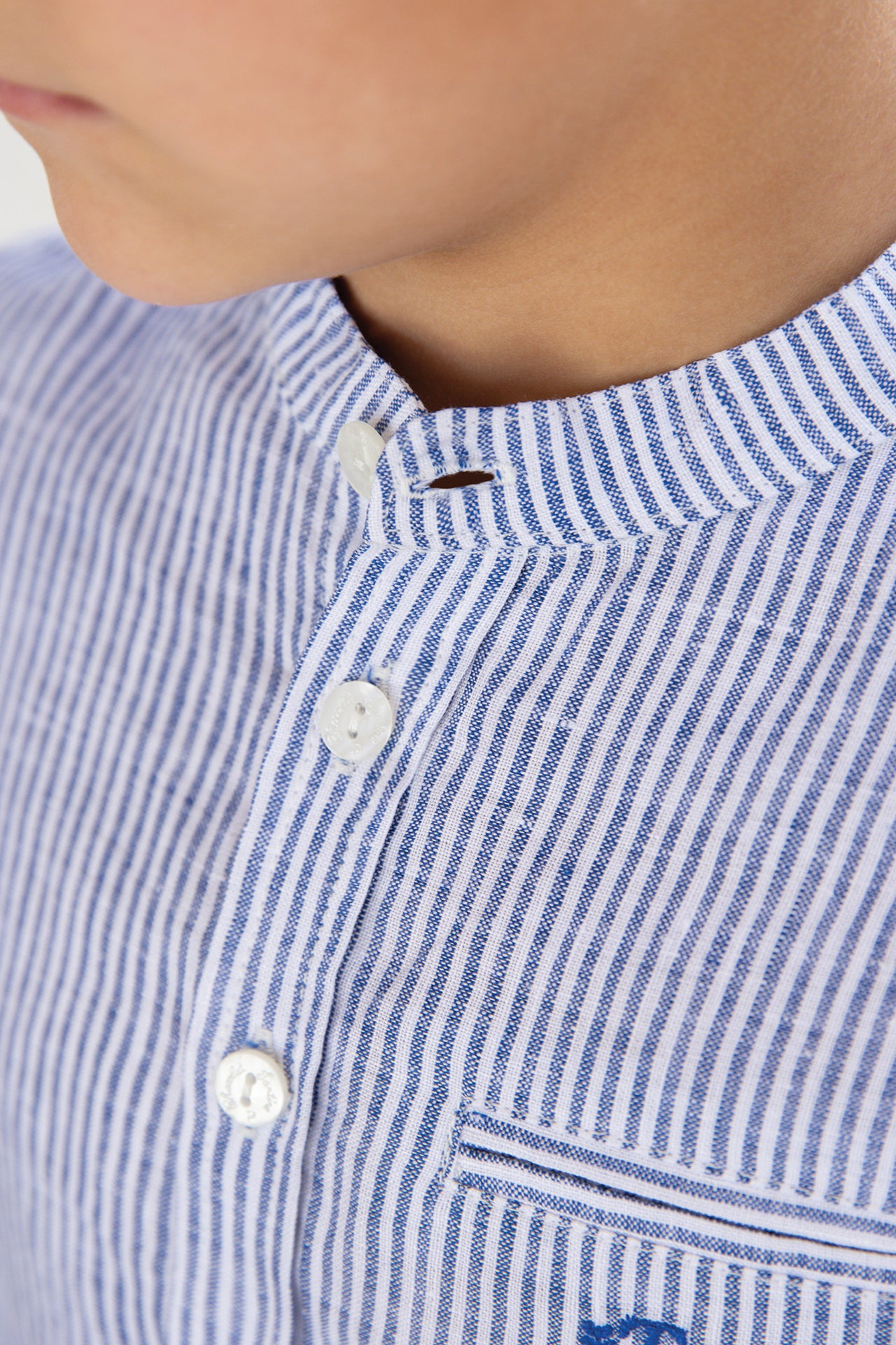Chemise - Bleu lin rayures col mao