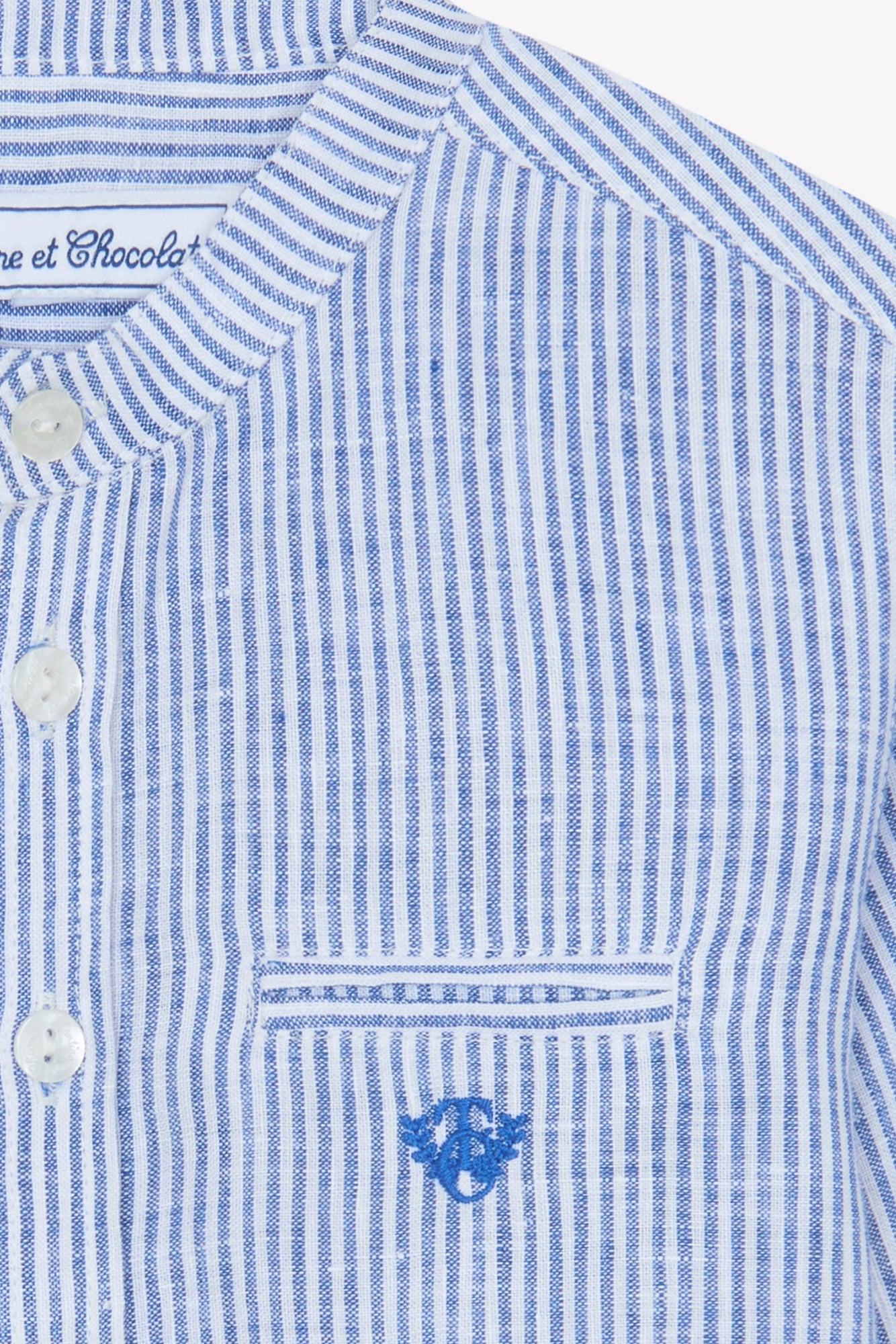 Chemise - Bleu lin rayures col mao