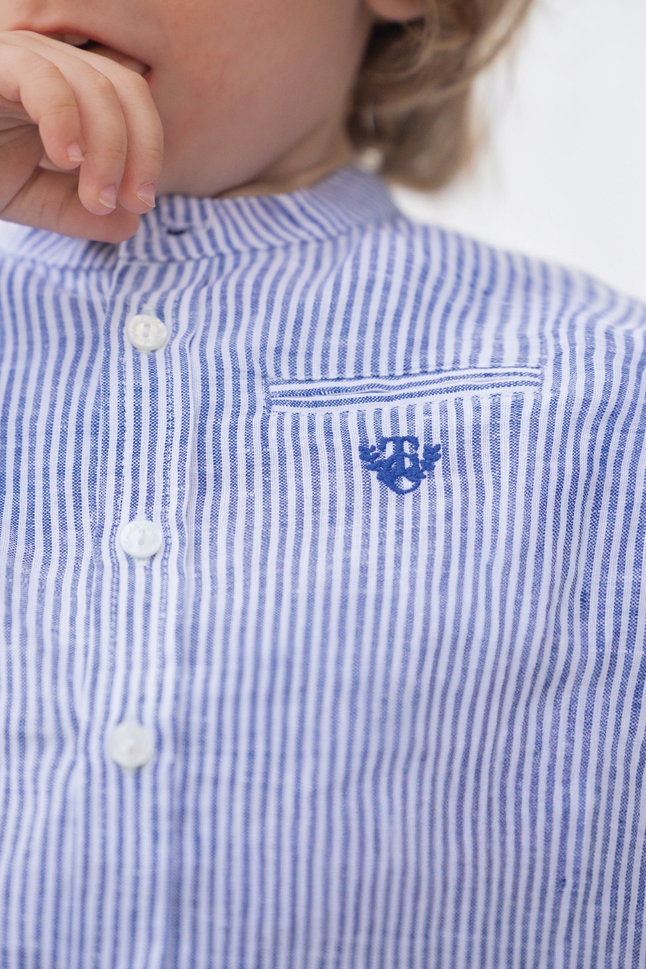Chemise - Bleu lin col rayures broderie