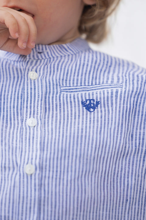 Chemise - Bleu lin col rayures broderie - Image principale