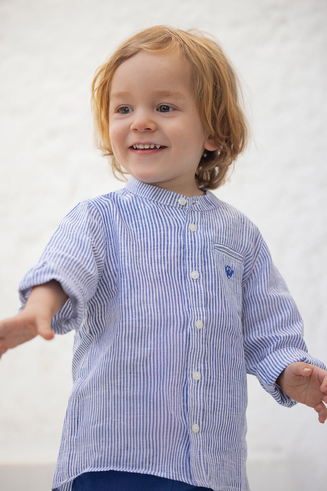 Chemise - Bleu lin col rayures broderie - Image principale