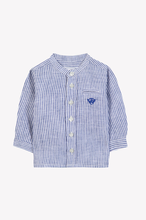 Chemise - Bleu lin col rayures broderie - Image principale