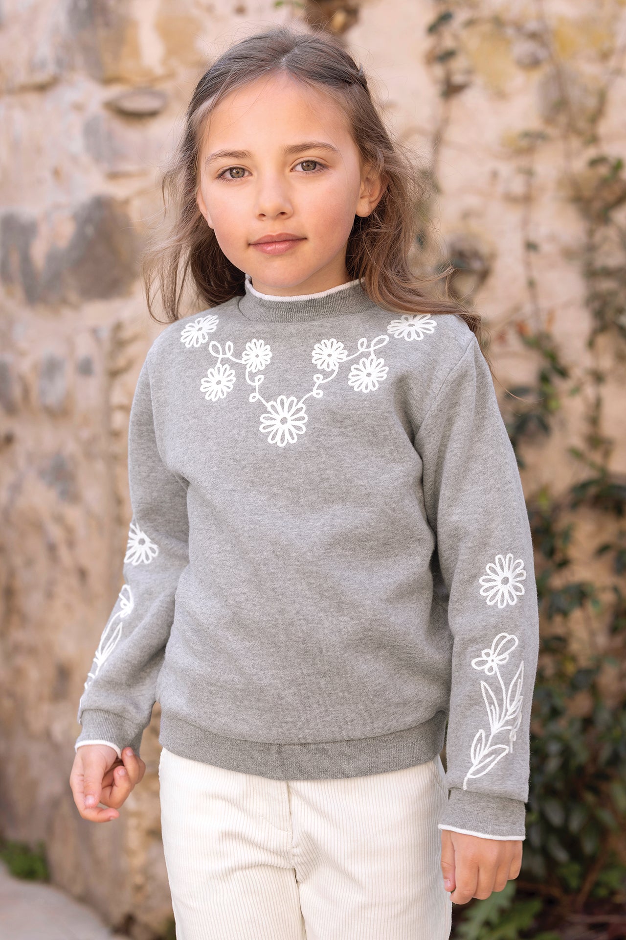 Felpa - Grigio fiori ricamati in cotone erica