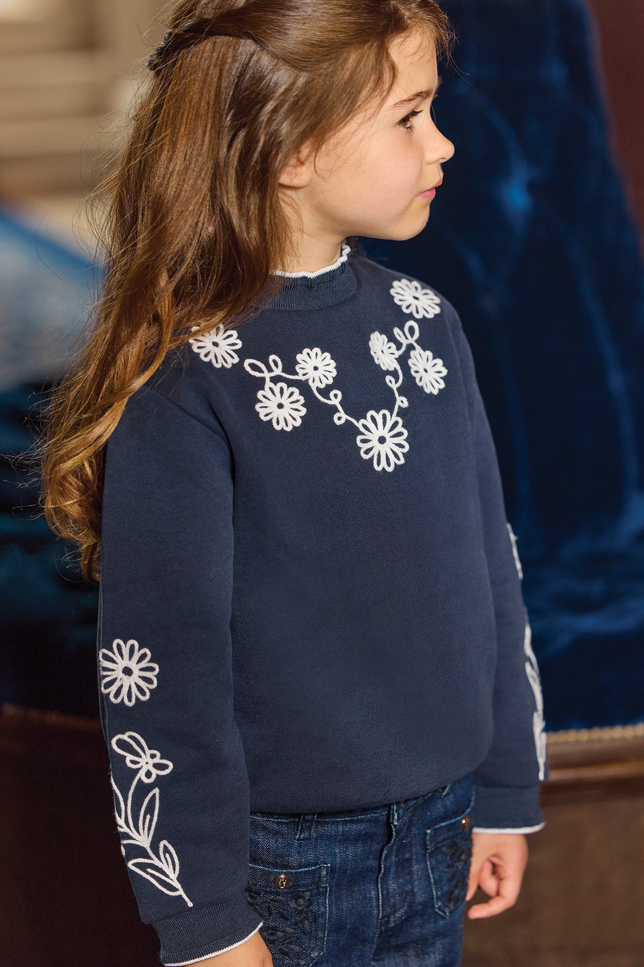 Sweatshirt - Navy cotton embroidery flowers