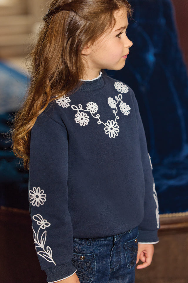 Sweatshirt - Marineblau Baumwoll-Stickblumen - Image principale
