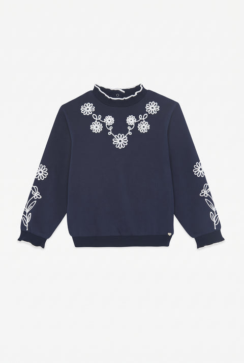 Sudadera - Azul marino flores de bordado de algodón - Image principale