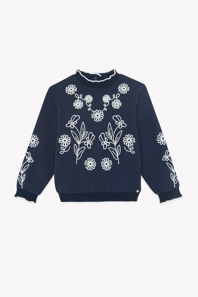 Cardigan - Blu navy fiori ricamati in cotone - Image principale