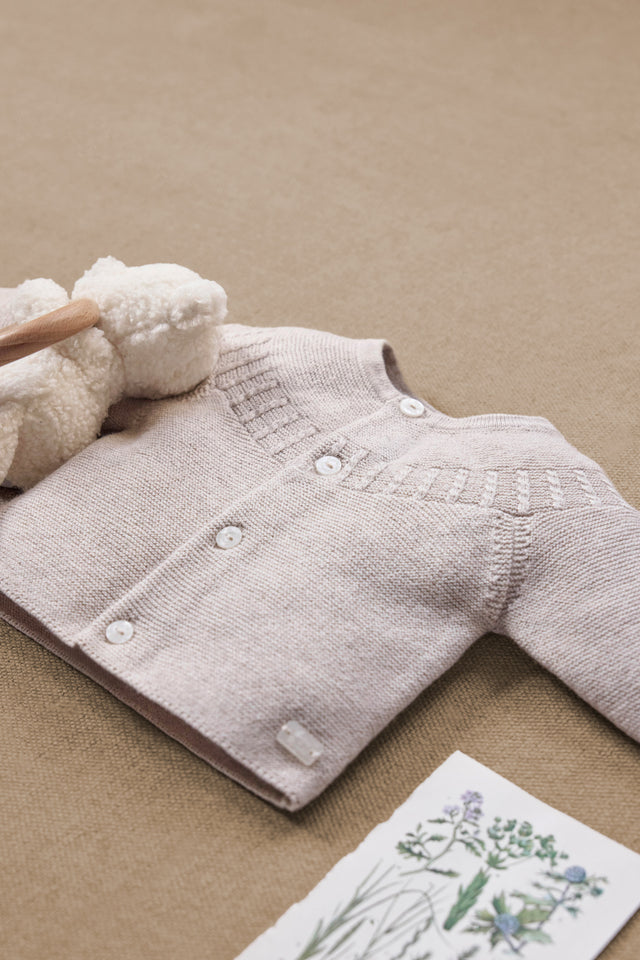 Cardigan - Beige chiné coton col rond tréssé - Image principale