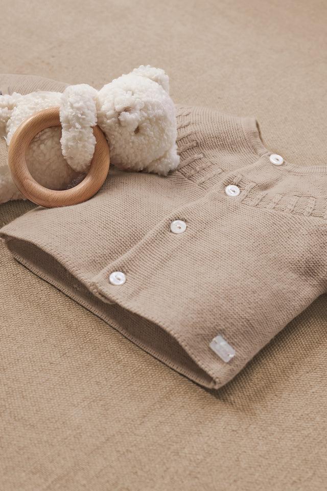 Strickjacke - Beige Baumwollheide Rundhals geflochten - Image principale