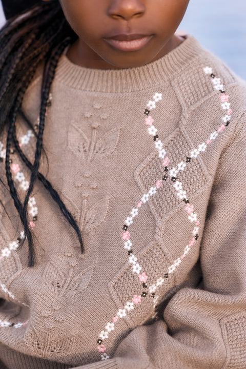 Maglia - Beige medio Lana Ricamo fiori a spina di pesce - Image principale
