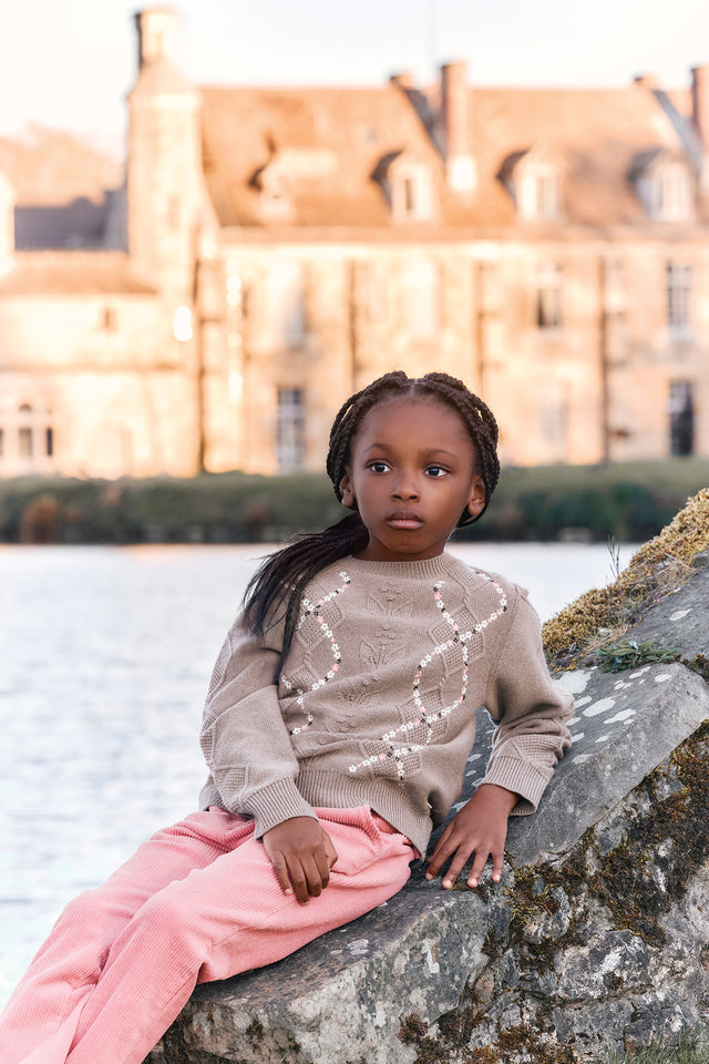 Maglia - Beige medio Lana Ricamo fiori a spina di pesce - Image principale