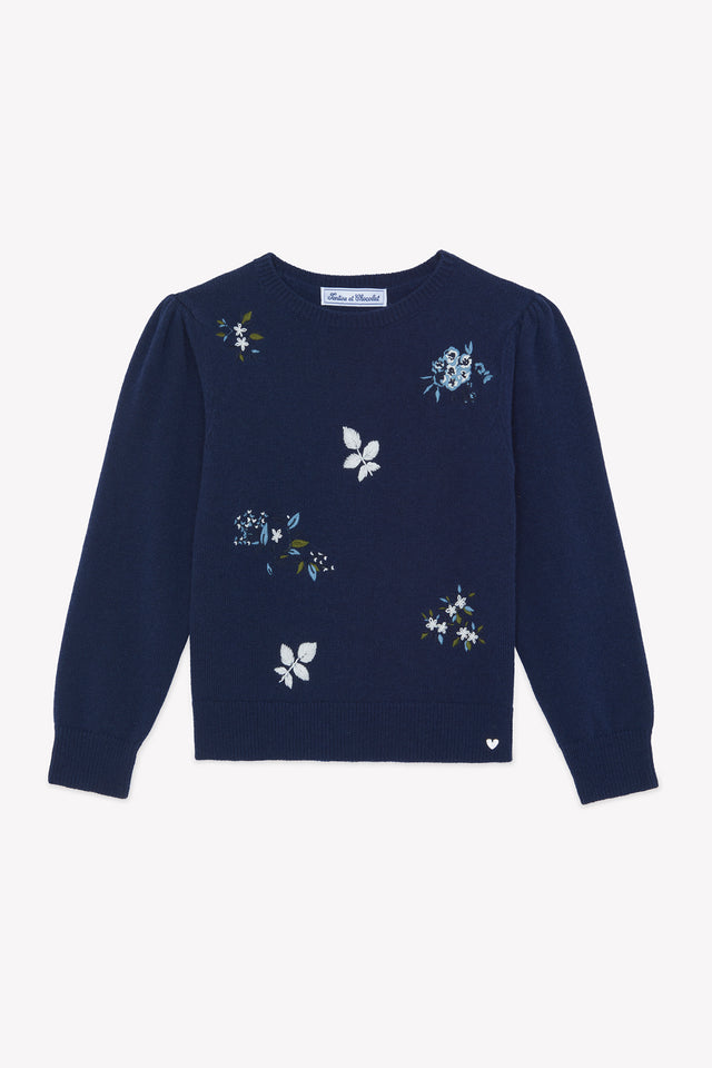 Maglia - Blu navy Lana ricami floreali - Image principale