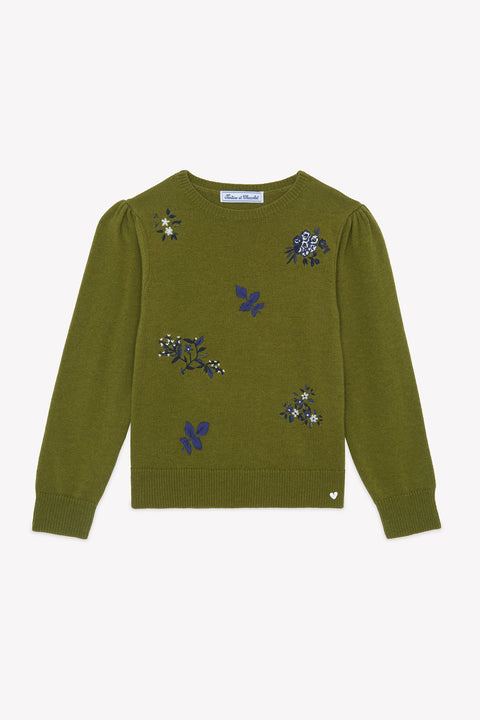 Maglia - Oliva Lana ricami floreali - Image principale