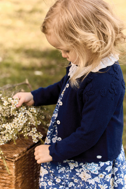 Cardigan - Marine laine broderie main fleurs - Image principale