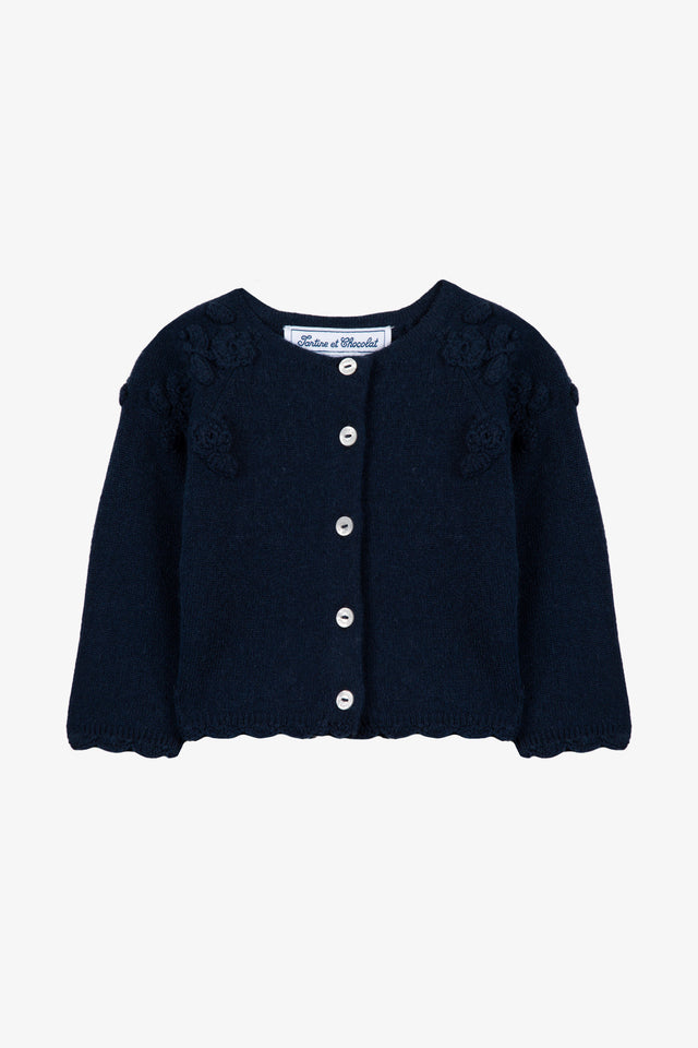 Cardigan - Marine laine broderie main fleurs - Image principale
