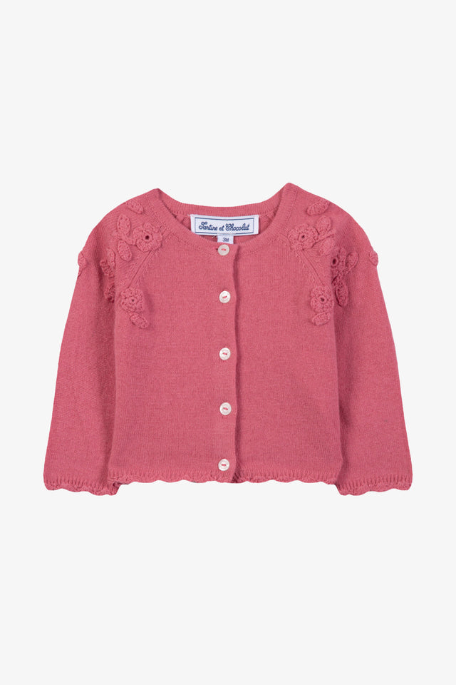Cardigan - Rosa peonia Lana Ricamo fiori a mano - Image principale