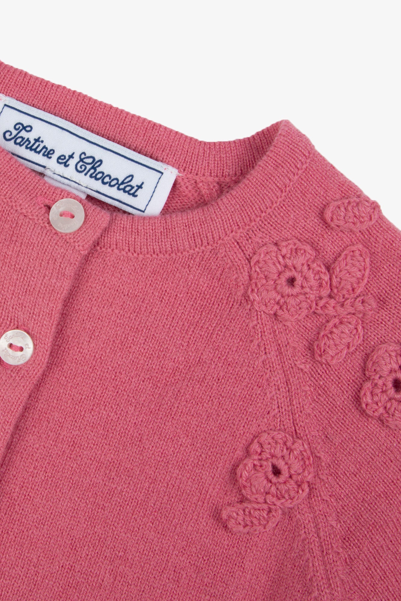 Cardigan - Rosa peonia Lana Ricamo fiori a mano