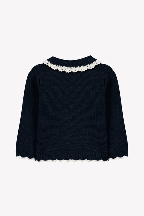 Cardigan - Blu navy Lana Colletto Claudine Ricamo Inglese - Image principale