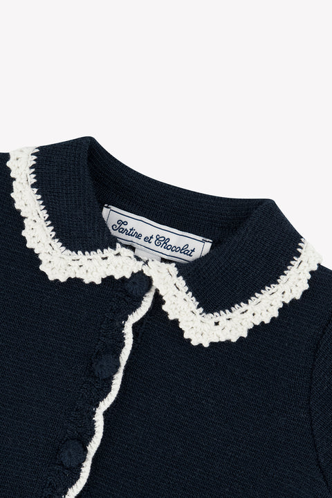 Cardigan - Blu navy Lana Colletto Claudine Ricamo Inglese - Image principale