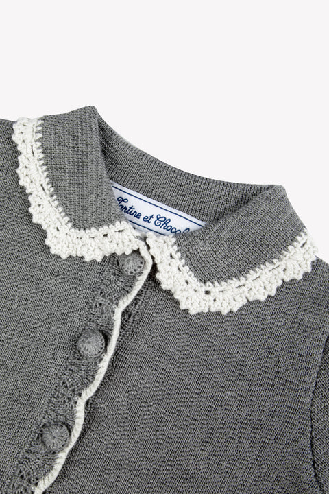 Cardigan - Grigio erica Lana Colletto Claudine Ricamo Inglese - Image principale