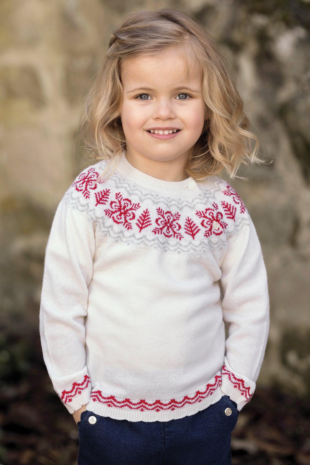 Pullover - Ecru Wolle Schneeflockenmuster