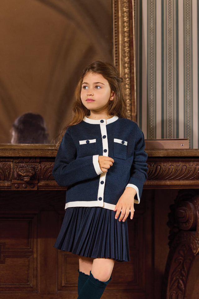 Veste - Marine laine col rond rayures blanches - Image principale