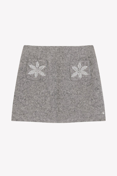 Jupe - Gris chiné laine broderie flocons - Image principale
