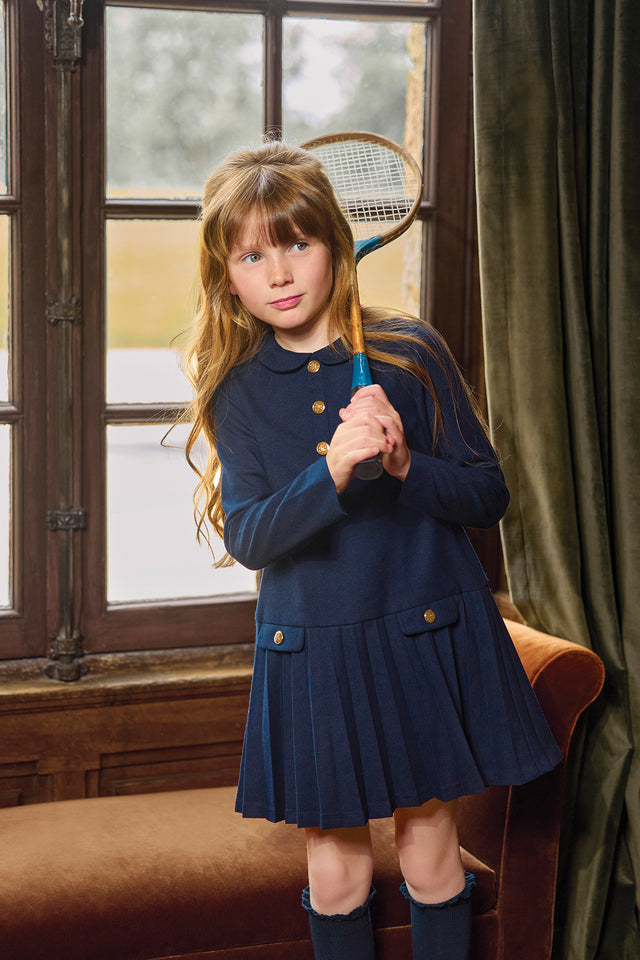 Robe - Marine col claudine plis plats - Image principale