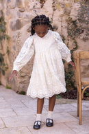 Dress - Ecru Round neck embroidery