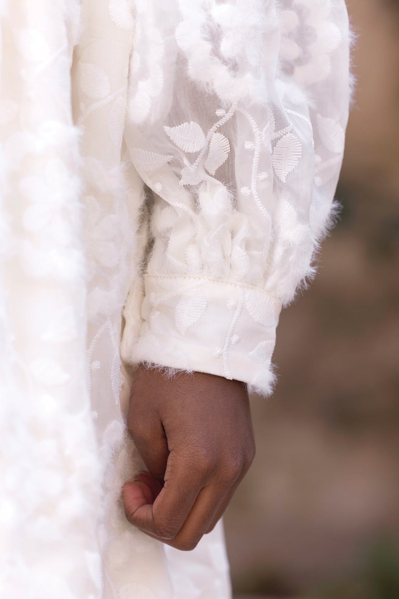 Dress - Ecru Round neck embroidery
