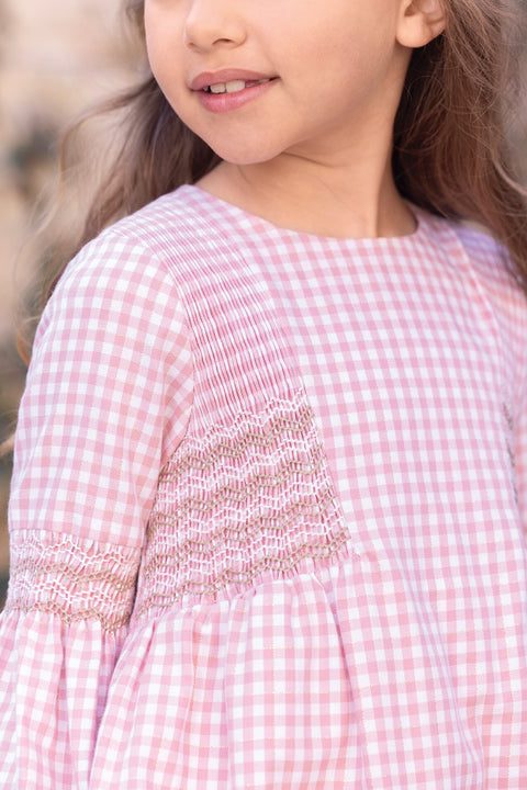 Dress - Cotton blush Round neck Two-tone gingham - Image principale