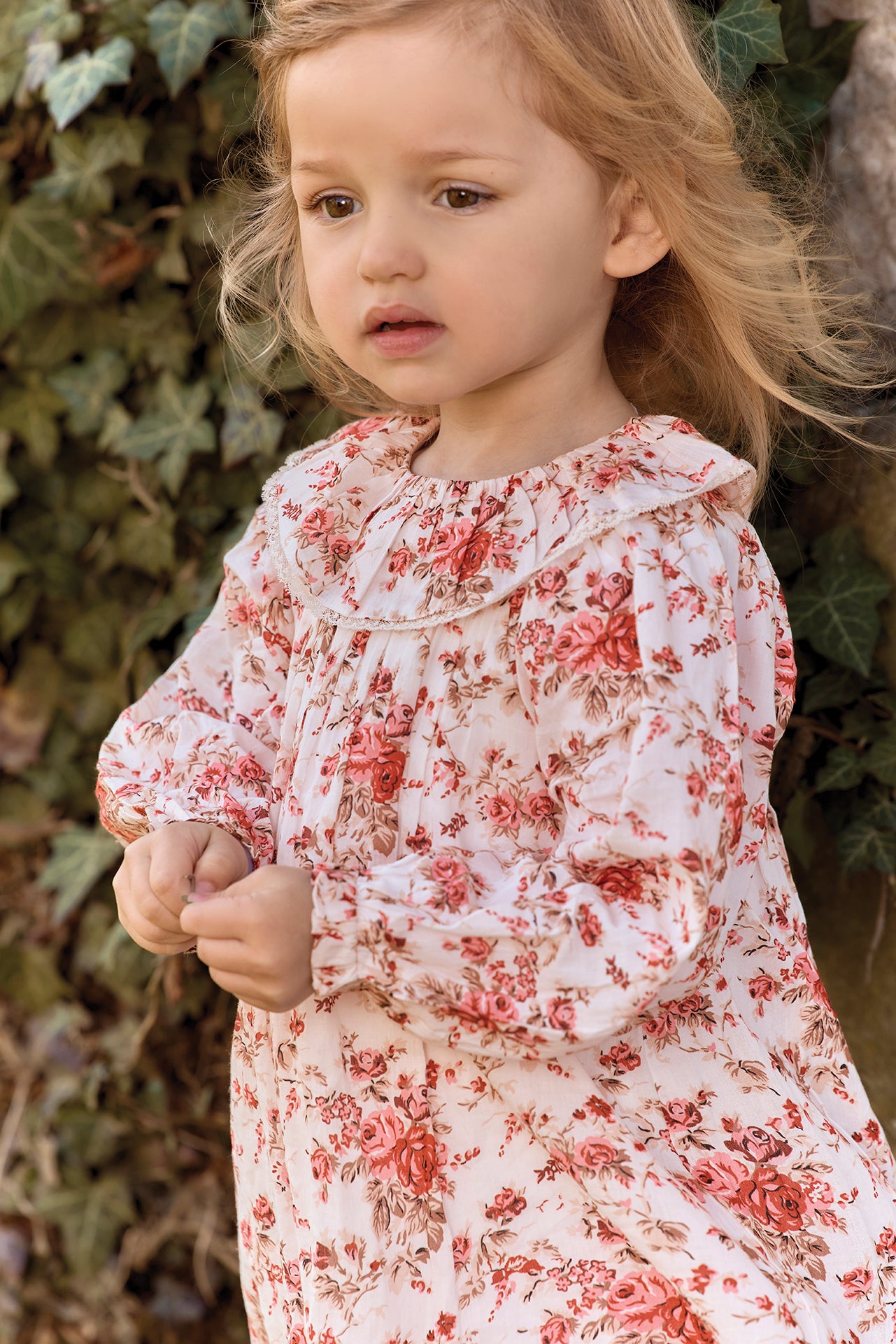 Robe - Rose pivoine coton col volanté imprimé fleuri