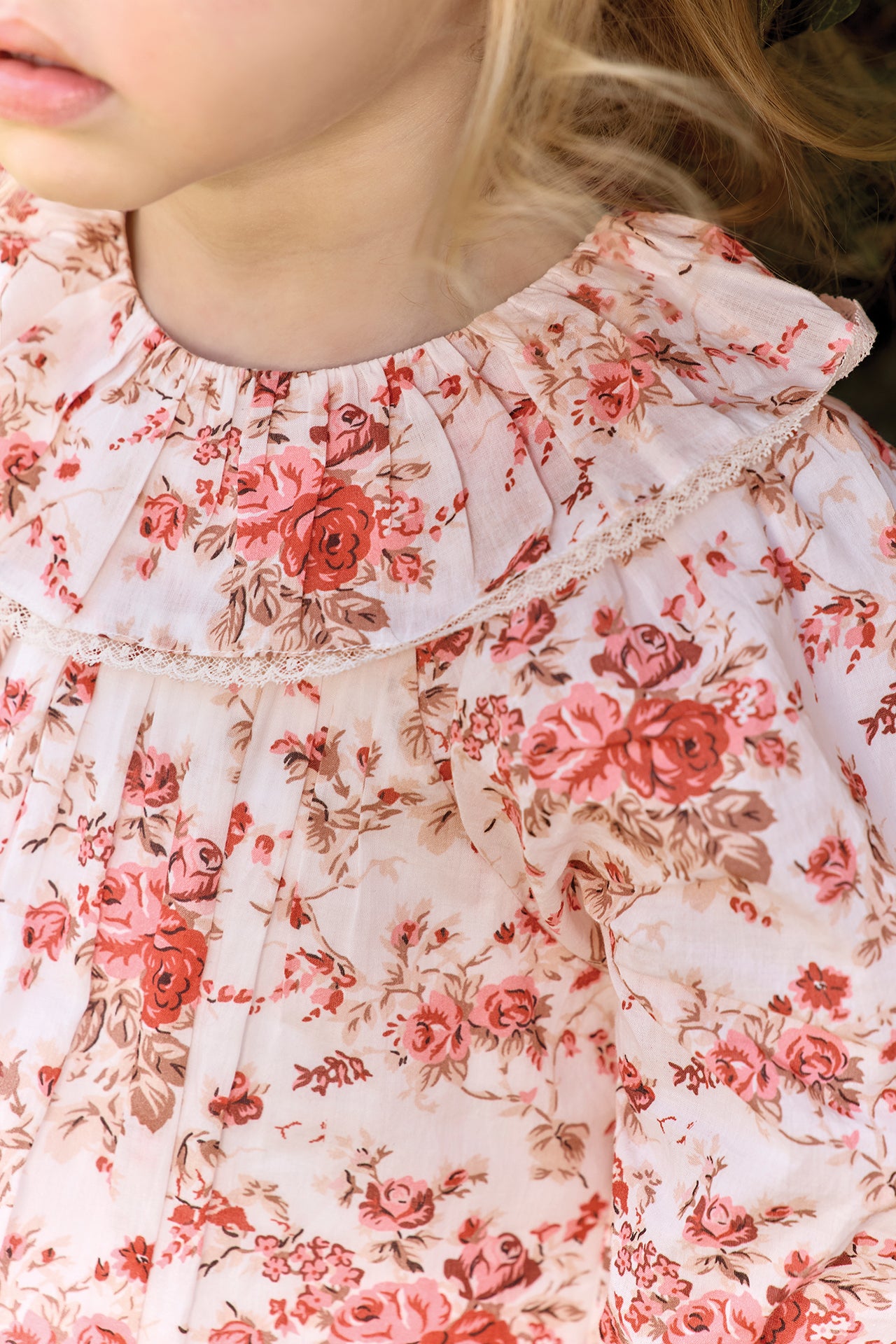 Robe - Rose pivoine coton col volanté imprimé fleuri