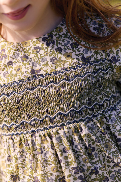 Dress - Olive cotton Round neck Liberty embroidery - Image principale