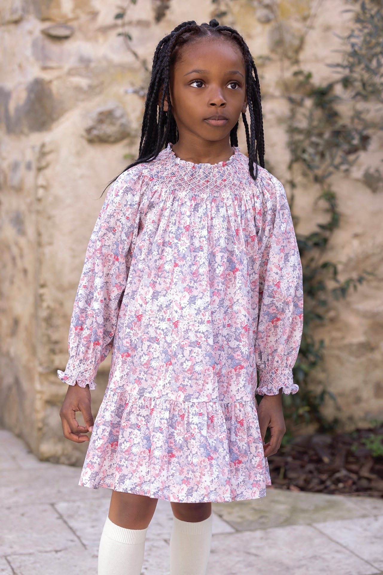 Kleid - Grau mittlerer Blumendruck aus Baumwolle