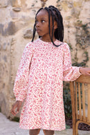 Kleid - Ecru Baumwolle Rundhals Blumendruck