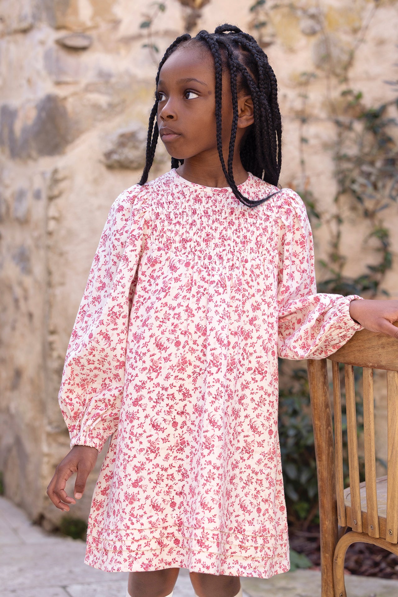 Kleid - Ecru Baumwolle Rundhals Blumendruck