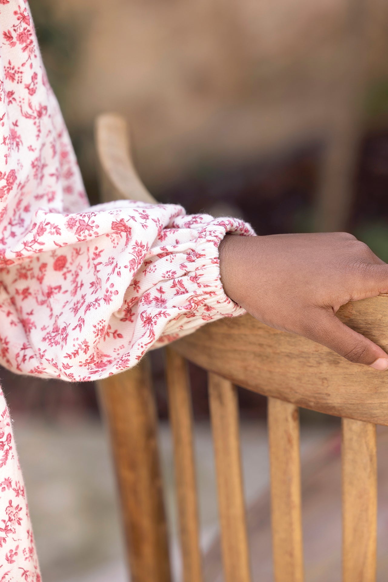 Kleid - Ecru Baumwolle Rundhals Blumendruck