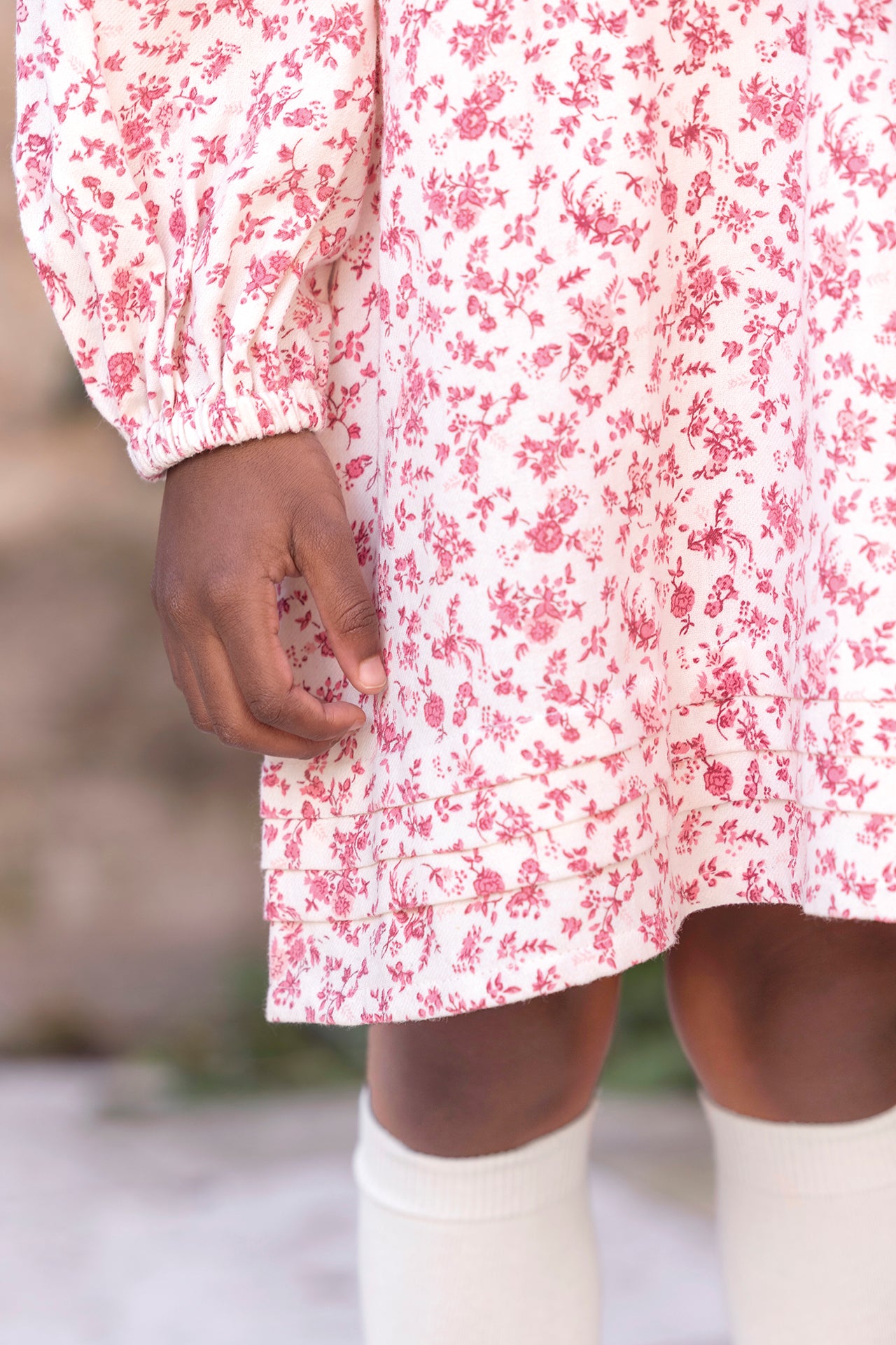 Kleid - Ecru Baumwolle Rundhals Blumendruck