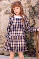 Dress - Navy Peter pan collar ruffled Check