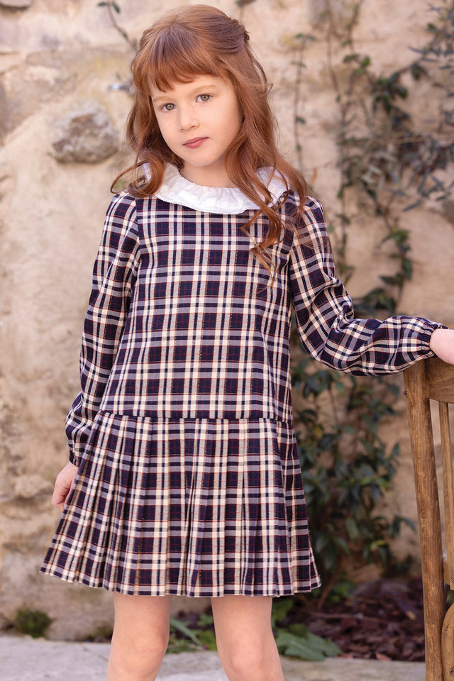 Dress - Navy Peter pan collar ruffled Check - Image principale