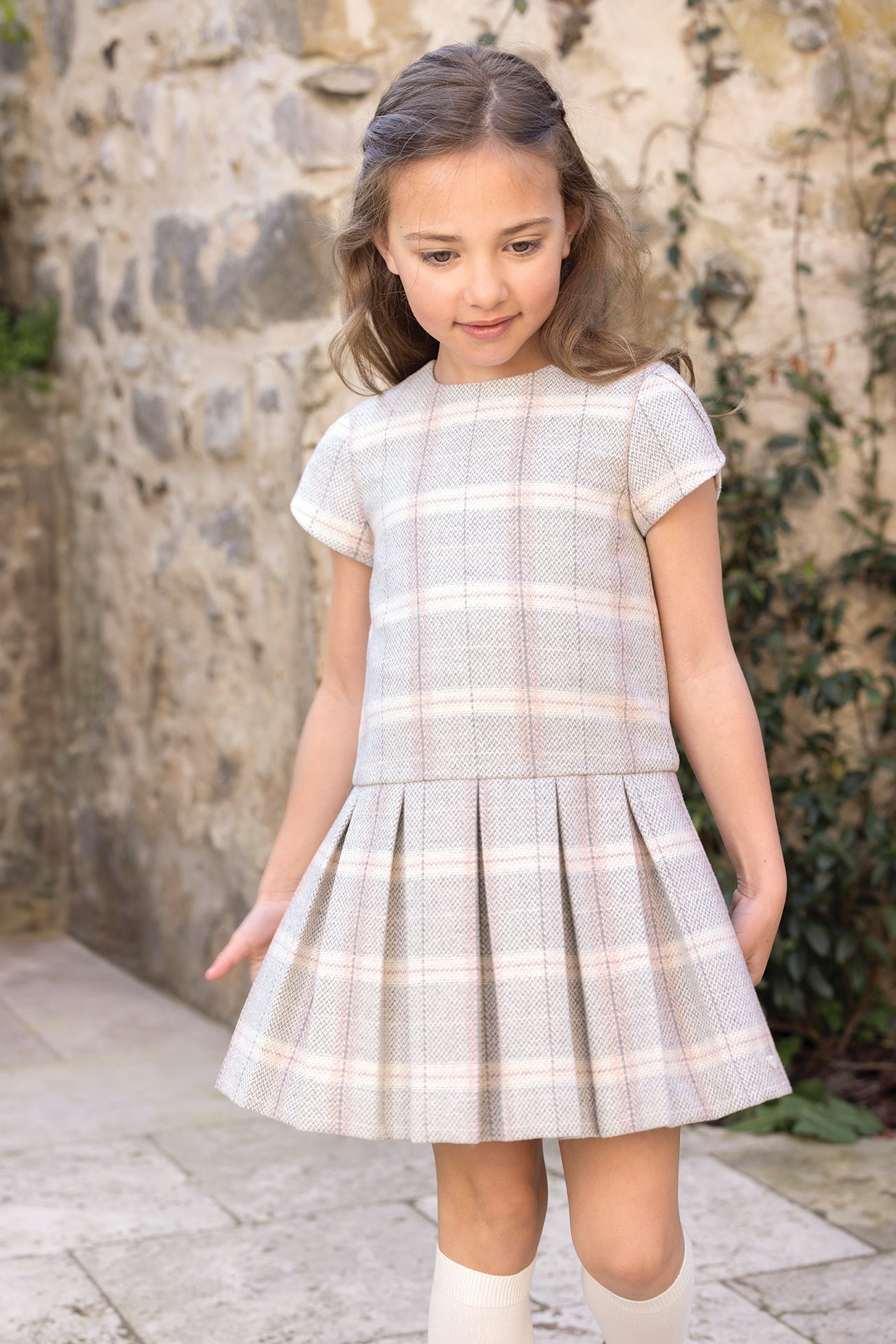Kleid - Beige mittel Rundhals Karo