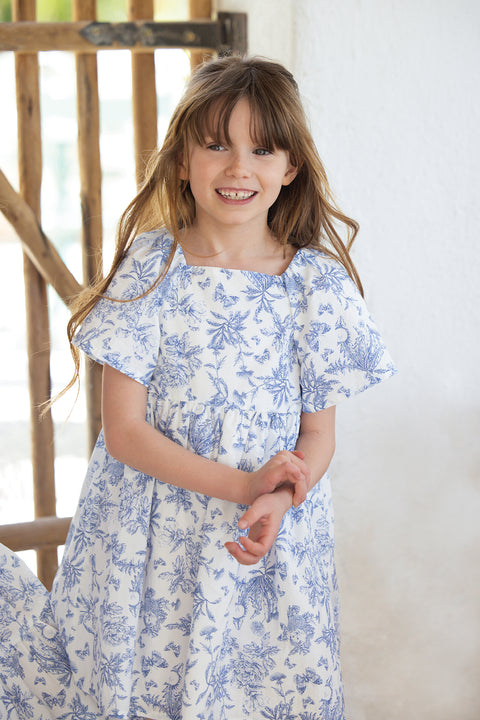 Robe - Bleu coton imprimé inspiration toile de jouy - Image principale