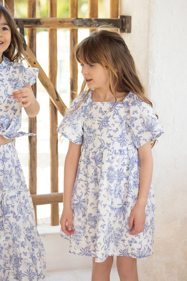 Robe - Bleu coton imprimé inspiration toile de jouy - Image principale