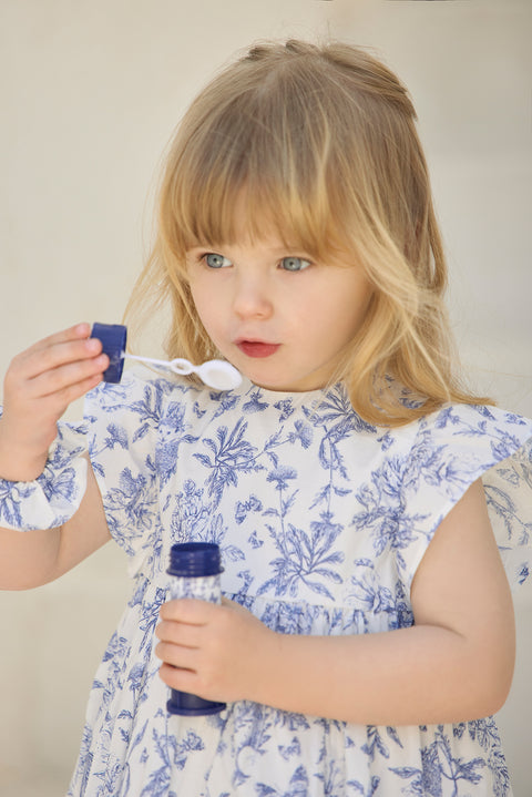 Robe - Bleu coton imprimé inspiration toile de jouy - Image principale